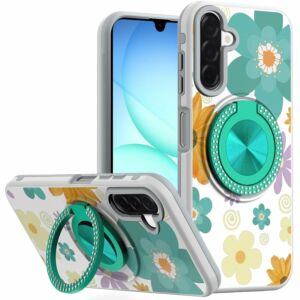 For Samsung A17 5G Metal Diamond CD Pattern Design Matte Finished Hybrid with Rotational Ring [Car Mount Friendly] Case - Yellow & Purple Flowers
