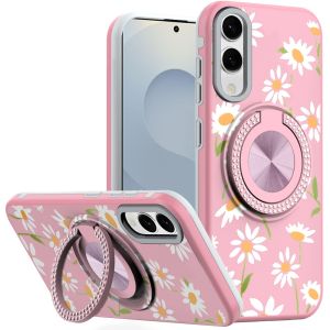 For Samsung Galaxy s25 Edge Metal Diamond CD Pattern Design Matte Finished Hybrid with Rotational Ring [Car Mount Friendly] Case - Floral A