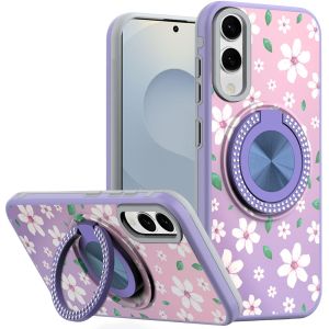 For Samsung Galaxy s25 Edge Metal Diamond CD Pattern Design Matte Finished Hybrid with Rotational Ring [Car Mount Friendly] Case - Floral B