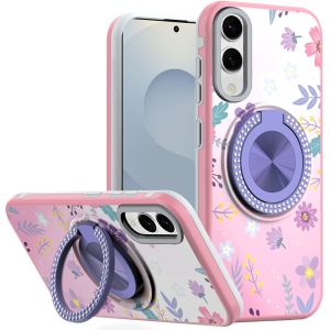 For Samsung Galaxy s25 Edge Metal Diamond CD Pattern Design Matte Finished Hybrid with Rotational Ring [Car Mount Friendly] Case - Floral C