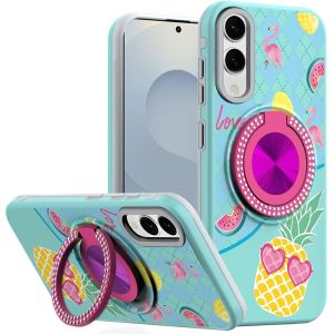 For Samsung Galaxy s25 Edge Metal Diamond CD Pattern Design Matte Finished Hybrid with Rotational Ring [Car Mount Friendly] Case - Pineapple