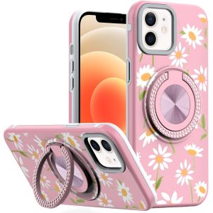 For iPhone 12 Pro Max 6.7 Metal Diamond CD Pattern Design Matte Finished Hybrid with Rotational Ring [Car Mount Friendly] Case - Floral A
