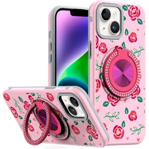 For iPhone 13/14 Metal Diamond CD Pattern Design Matte Finished Hybrid with Rotational Ring [Car Mount Friendly] Case - 10