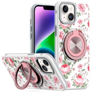 For iPhone 13/14 Metal Diamond CD Pattern Design Matte Finished Hybrid with Rotational Ring [Car Mount Friendly] Case - 11