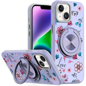 For iPhone 13/14 Metal Diamond CD Pattern Design Matte Finished Hybrid with Rotational Ring [Car Mount Friendly] Case - 13