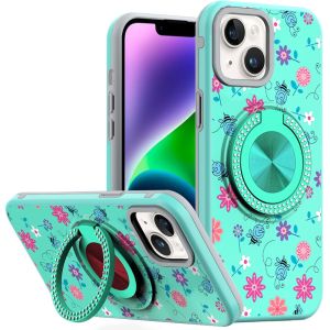 For iPhone 13/14 Metal Diamond CD Pattern Design Matte Finished Hybrid with Rotational Ring [Car Mount Friendly] Case - 6
