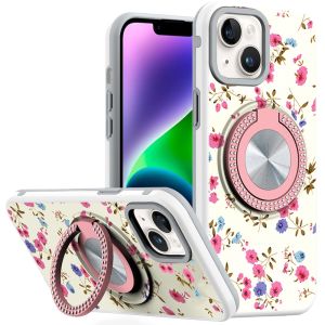 For iPhone 13/14 Metal Diamond CD Pattern Design Matte Finished Hybrid with Rotational Ring [Car Mount Friendly] Case - 8