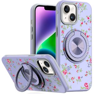 For iPhone 13/14 Metal Diamond CD Pattern Design Matte Finished Hybrid with Rotational Ring [Car Mount Friendly] Case - 9