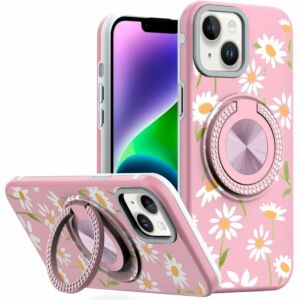 For iPhone 13/14 Metal Diamond CD Pattern Design Matte Finished Hybrid with Rotational Ring [Car Mount Friendly] Case - Floral A