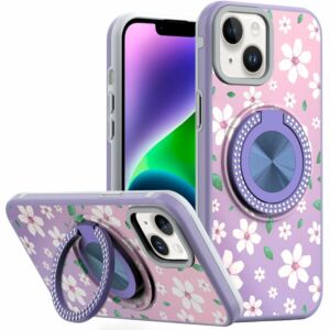 For iPhone 13/14 Metal Diamond CD Pattern Design Matte Finished Hybrid with Rotational Ring [Car Mount Friendly] Case - Floral B