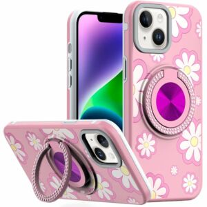 For iPhone 13/14 Metal Diamond CD Pattern Design Matte Finished Hybrid with Rotational Ring [Car Mount Friendly] Case - Floral D