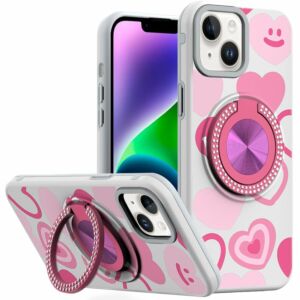 For iPhone 13/14 Metal Diamond CD Pattern Design Matte Finished Hybrid with Rotational Ring [Car Mount Friendly] Case - Hearts