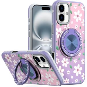 For iPhone 16 6.1 inch Metal Diamond CD Pattern Design Matte Finished Hybrid with Rotational Ring [Car Mount Friendly] Case - Floral B