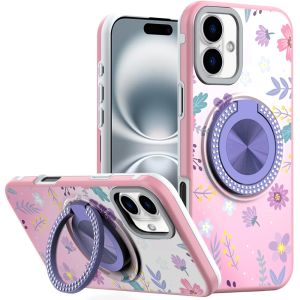 For iPhone 16 6.1 inch Metal Diamond CD Pattern Design Matte Finished Hybrid with Rotational Ring [Car Mount Friendly] Case - Floral C