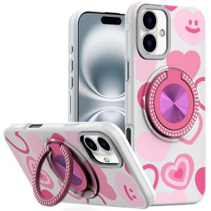 For iPhone 16 6.1 inch Metal Diamond CD Pattern Design Matte Finished Hybrid with Rotational Ring [Car Mount Friendly] Case - Hearts