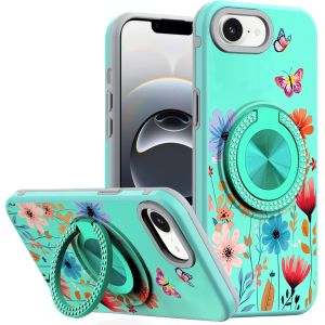 For iPhone 16E (E edition) / SE4 (2025) Metal Diamond CD Pattern Design Matte Finished Hybrid with Rotational Ring [Car Mount Friendly] Case - 12