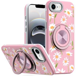 For iPhone 16E (E edition) / SE4 (2025) Metal Diamond CD Pattern Design Matte Finished Hybrid with Rotational Ring [Car Mount Friendly] Case - Floral A
