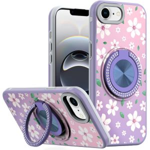 For iPhone 17E / 16E / SE4 Metal Diamond CD Pattern Design Matte Finished Hybrid with Rotational Ring [Car Mount Friendly] Case - Floral B
