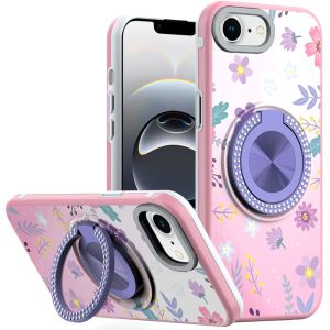 For iPhone 16E (E edition) / SE4 (2025) Metal Diamond CD Pattern Design Matte Finished Hybrid with Rotational Ring [Car Mount Friendly] Case - Floral C