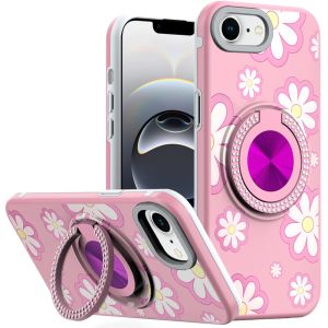 For iPhone 17E / 16E / SE4 Metal Diamond CD Pattern Design Matte Finished Hybrid with Rotational Ring [Car Mount Friendly] Case - Floral D