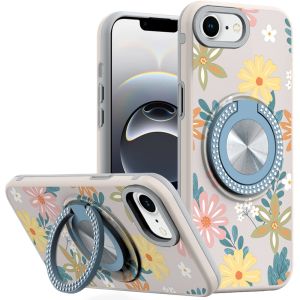 For iPhone 16E (E edition) / SE4 (2025) Metal Diamond CD Pattern Design Matte Finished Hybrid with Rotational Ring [Car Mount Friendly] Case - Floral E