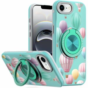 For iPhone 17E / 16E / SE4 Metal Diamond CD Pattern Design Matte Finished Hybrid with Rotational Ring [Car Mount Friendly] Case - Hot Air Balloon
