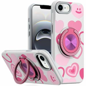 For iPhone 17E / 16E / SE4 Metal Diamond CD Pattern Design Matte Finished Hybrid with Rotational Ring [Car Mount Friendly] Case - Hearts