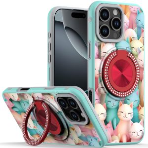 For iPhone 16 6.1 inch Metal Diamond CD Pattern Design Matte Finished Hybrid with Rotational Ring [Car Mount Friendly] Case - Cats
