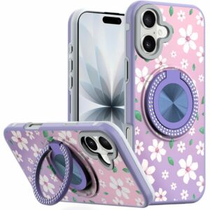 For iPhone 17 Metal Diamond CD Pattern Design Matte Finished Hybrid with Rotational Ring [Car Mount Friendly] Case - Floral B