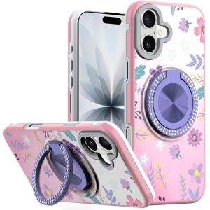 For iPhone 17 Metal Diamond CD Pattern Design Matte Finished Hybrid with Rotational Ring [Car Mount Friendly] Case - Floral C