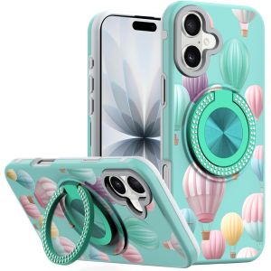 For iPhone 17 Metal Diamond CD Pattern Design Matte Finished Hybrid with Rotational Ring [Car Mount Friendly] Case - Hot Air Balloon