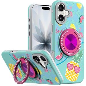 For iPhone 17 Metal Diamond CD Pattern Design Matte Finished Hybrid with Rotational Ring [Car Mount Friendly] Case - Pineapple