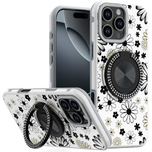For iPhone 16 Pro Max 6.9 Metal Diamond CD Pattern Design Matte Finished Hybrid with Rotational Ring [Car Mount Friendly] Case - Black & White Floral
