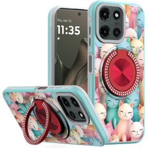 For Motorola Edge 2025 Metal Diamond CD Pattern Design Matte Finished Hybrid with Rotational Ring [Car Mount Friendly] Case - Cats
