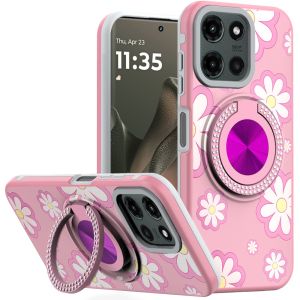 For Motorola Edge 2025 Metal Diamond CD Pattern Design Matte Finished Hybrid with Rotational Ring [Car Mount Friendly] Case - Floral D