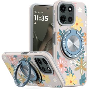For Motorola Edge 2025 Metal Diamond CD Pattern Design Matte Finished Hybrid with Rotational Ring [Car Mount Friendly] Case - Floral E