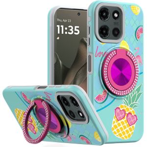 For Motorola Edge 2025 Metal Diamond CD Pattern Design Matte Finished Hybrid with Rotational Ring [Car Mount Friendly] Case - Pineapple