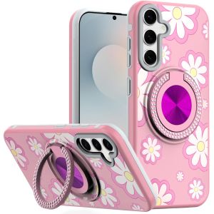 For Samsung s26 Plus Metal Diamond CD Pattern Design Matte Finished Hybrid with Rotational Ring [Car Mount Friendly] Case - Floral D