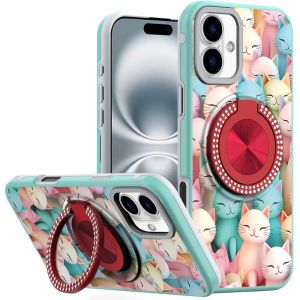 For iPhone 16 Plus 6.7 inch Metal Diamond CD Pattern Design Matte Finished Hybrid with Rotational Ring [Car Mount Friendly] Case - Cats