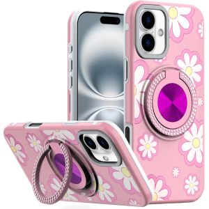 For iPhone 16 Plus 6.7 inch Metal Diamond CD Pattern Design Matte Finished Hybrid with Rotational Ring [Car Mount Friendly] Case - Floral D