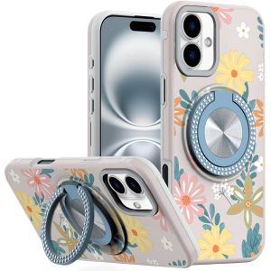 For iPhone 16 Plus 6.7 inch Metal Diamond CD Pattern Design Matte Finished Hybrid with Rotational Ring [Car Mount Friendly] Case - Floral E