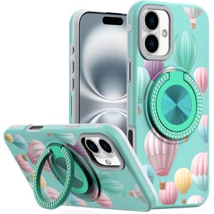 For iPhone 16 Plus 6.7 inch Metal Diamond CD Pattern Design Matte Finished Hybrid with Rotational Ring [Car Mount Friendly] Case - Hot Air Balloon