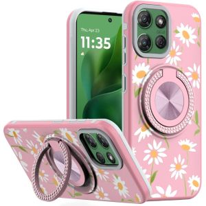 For Moto G Power 2026/2025 Metal Diamond CD Pattern Design Matte Finished Hybrid with Rotational Ring [Car Mount Friendly] Case - Floral A