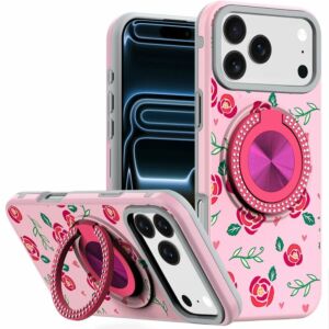 For Apple iPhone 18 Pro Metal Diamond CD Pattern Design Matte Finished Hybrid with Rotational Ring [Car Mount Friendly] Case - 10