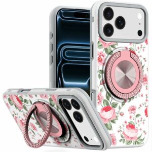 For Apple iPhone 18 Pro Metal Diamond CD Pattern Design Matte Finished Hybrid with Rotational Ring [Car Mount Friendly] Case - 11