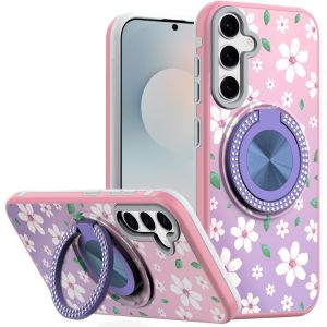 For Samsung s25 FE Metal Diamond CD Pattern Design Matte Finished Hybrid with Rotational Ring [Car Mount Friendly] Case - Floral B