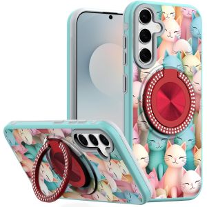 For Samsung s25 FE Metal Diamond CD Pattern Design Matte Finished Hybrid with Rotational Ring [Car Mount Friendly] Case - Cats