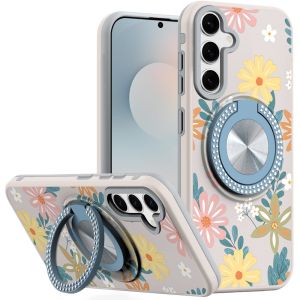 For Samsung s25 FE Metal Diamond CD Pattern Design Matte Finished Hybrid with Rotational Ring [Car Mount Friendly] Case - Floral E