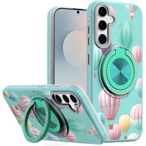 For Samsung s25 FE Metal Diamond CD Pattern Design Matte Finished Hybrid with Rotational Ring [Car Mount Friendly] Case - Hot Air Balloon