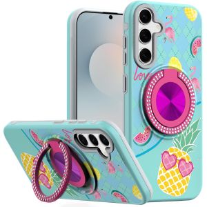 For Samsung s25 FE Metal Diamond CD Pattern Design Matte Finished Hybrid with Rotational Ring [Car Mount Friendly] Case - Pineapple